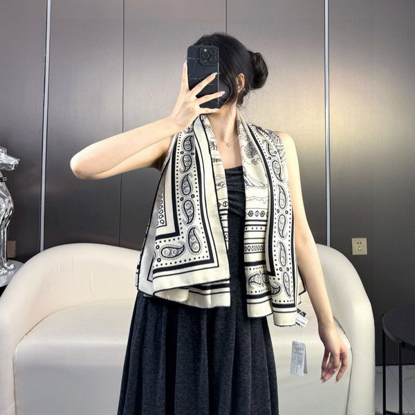 Tatouages Marins Bandana Shawl 135 CM Black White Cashmere And Silk 401091