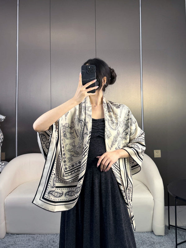 Tatouages Marins Bandana Shawl 135 CM Black White Cashmere And Silk 401091