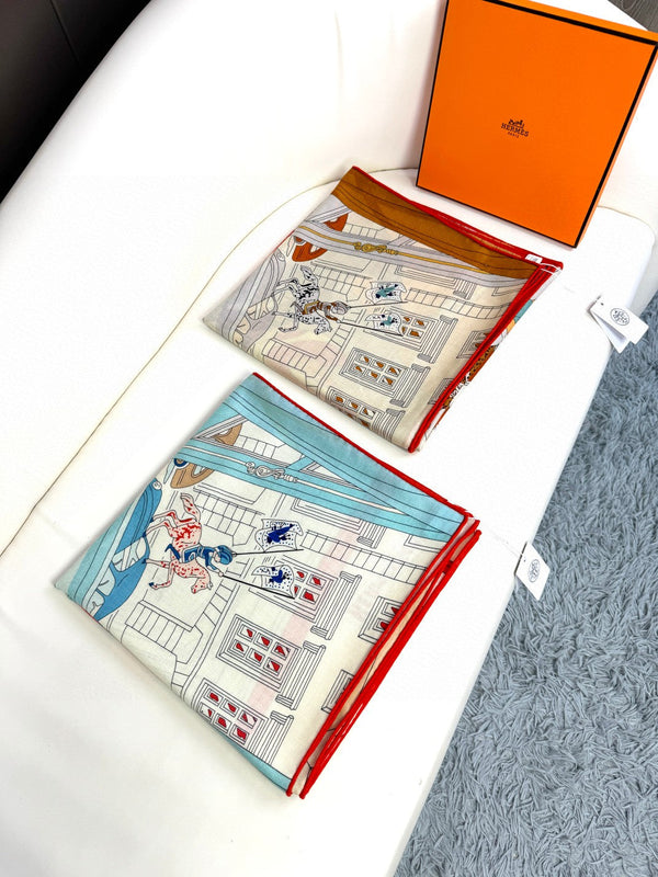 Mystere Au 24 Scarf 135 CM Yellow Orange Colorful Cashmere And Silk