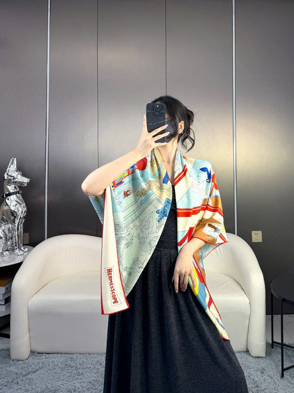 Mystere Au 24 Scarf 135 CM Light Jade Blue Colorful Cashmere And Silk