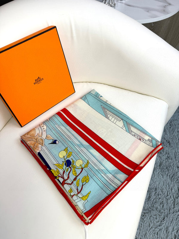 Square scarf 135 CM Light Jade Blue Colorful Cashmere And Silk