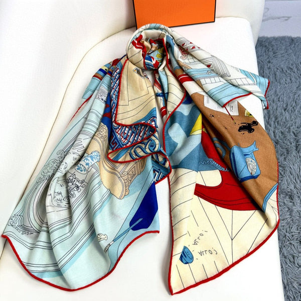 Square scarf 135 CM Light Jade Blue Colorful Cashmere And Silk