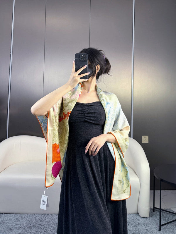 Retour A La Nature Shawl 135CM In Light Blue Colorful Cashmere And Silk