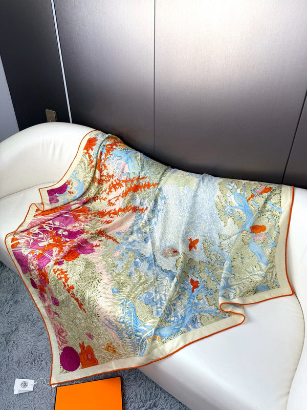 Retour A La Nature Shawl 135CM In Light Blue Colorful Cashmere And Silk