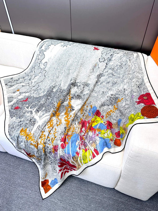 Retour A La Nature Shawl 135CM In Black White Colorful Cashmere And Silk