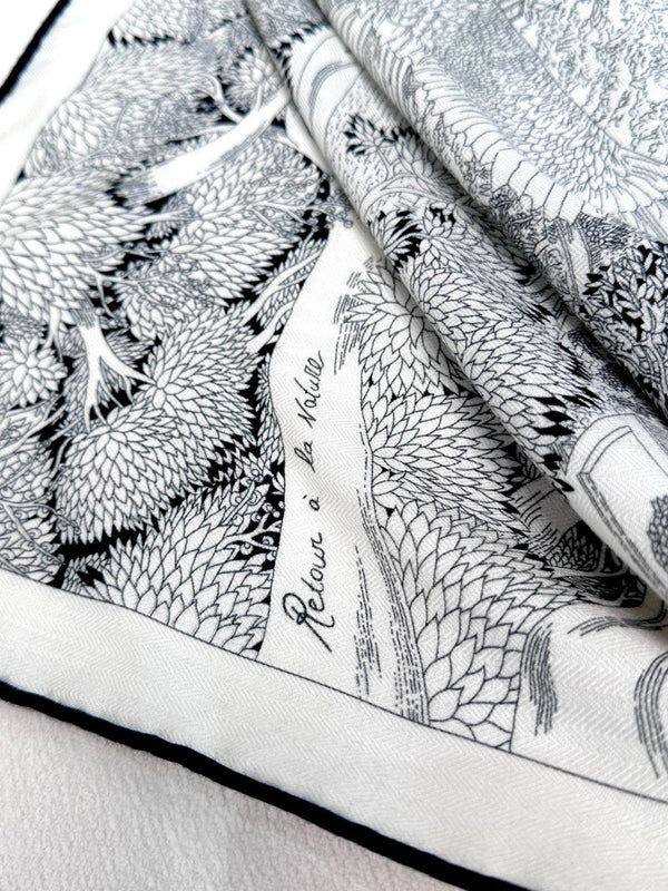 Retour A La Nature Shawl 135CM In Black White Colorful Cashmere And Silk