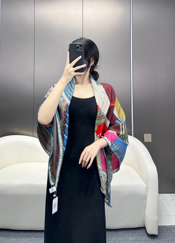 Dressage Tressage Shawl 140 CM In Blue Black Colorful Silk