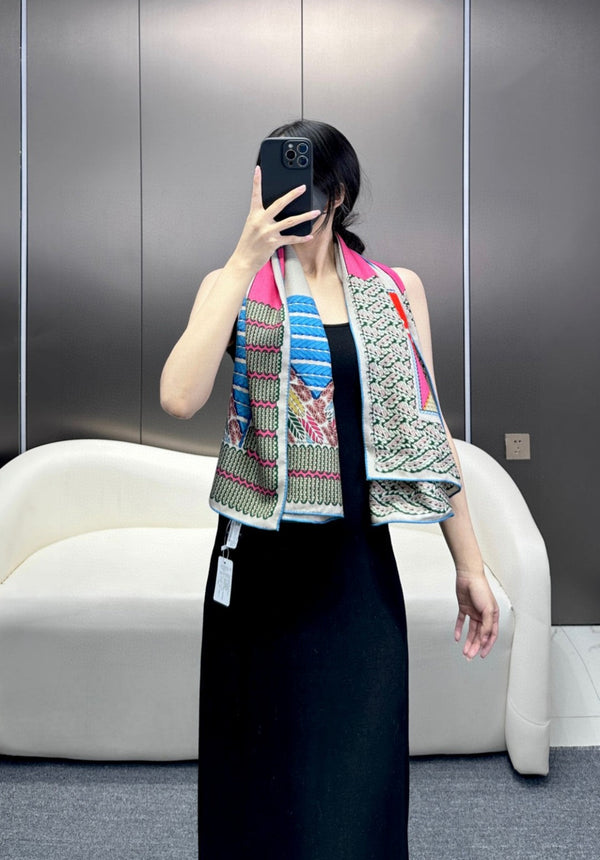 Scarf 140 CM In Blue Black Colorful Silk