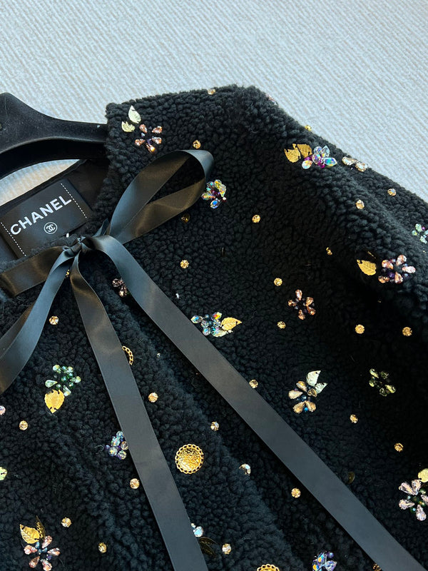 CC 25C Round Neck Jacket Strappy Bow In Black Laine Wool 212350