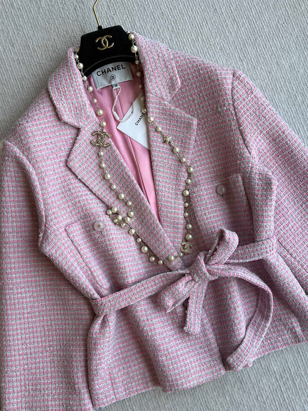 CC 25SS Lace-up Jacket Pink Sequins Tweed 235919