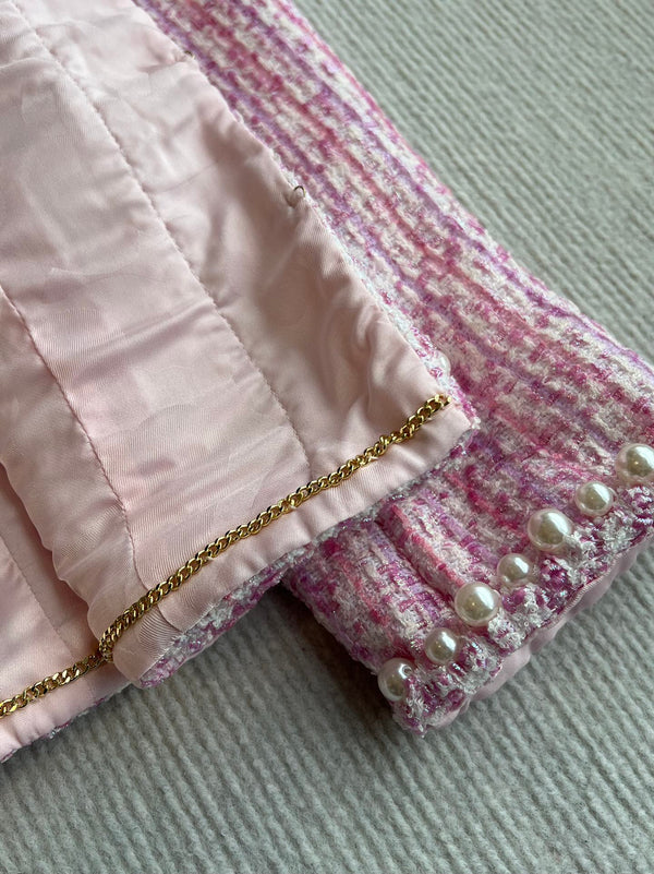 Chanel 25P Cardigan Pink Tweed With Pearl 235893