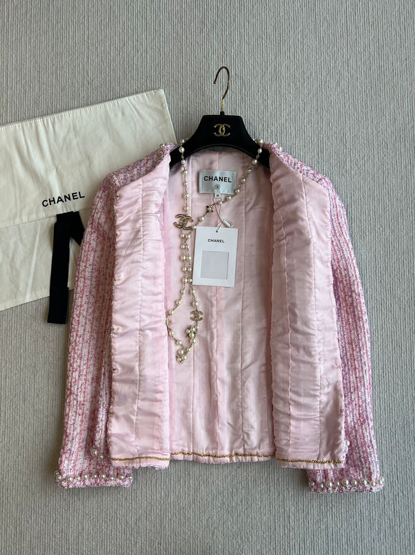 Chanel 25P Cardigan Pink Tweed With Pearl 235893