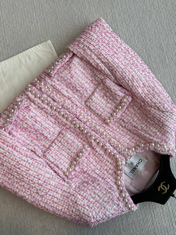 Chanel 25P Cardigan Pink Tweed With Pearl 235893