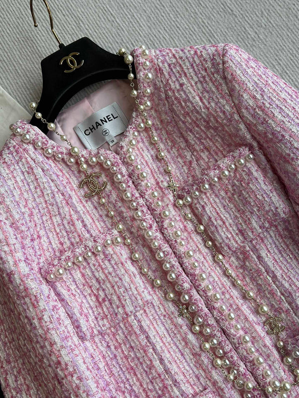 Chanel 25P Cardigan Pink Tweed With Pearl 235893