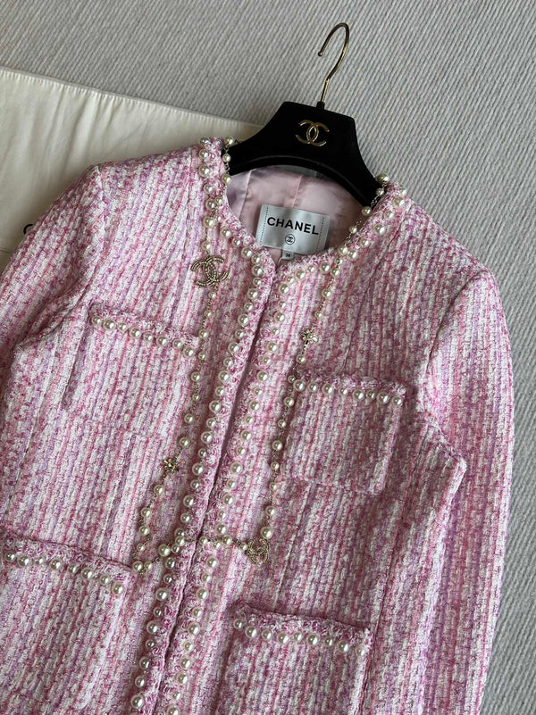 Chanel 25P Cardigan Pink Tweed With Pearl 235893