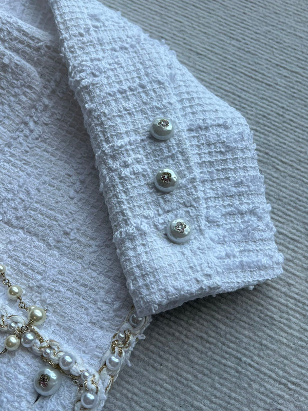 Chanel 25P Cardigan White Tweed With Pearl 234889