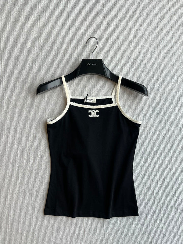 Celine 25 Beaded Camisole White and Black Cotton