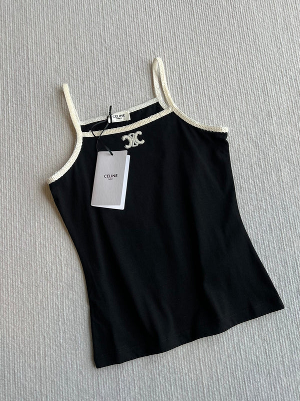 Celine 25 Beaded Camisole White and Black Cotton