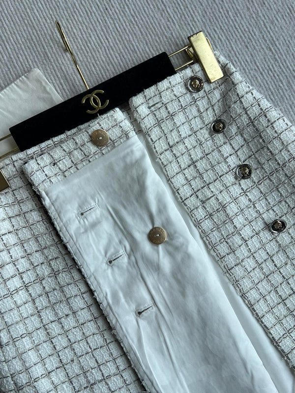 CC 25 Tweed Plaid Skirt White Cotton Polyester 244374