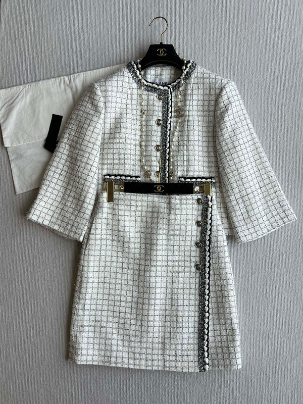 CC 25 Tweed Plaid Skirt White Cotton Polyester 244374