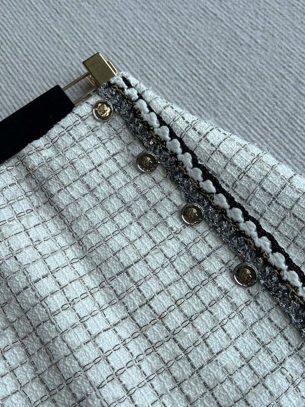 CC 25 Tweed Plaid Skirt White Cotton Polyester 244374