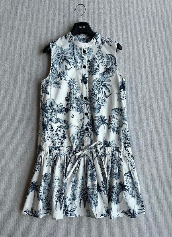 CD 25 Painting Waist Sleeveless Dress White Blue Cotton Polyester