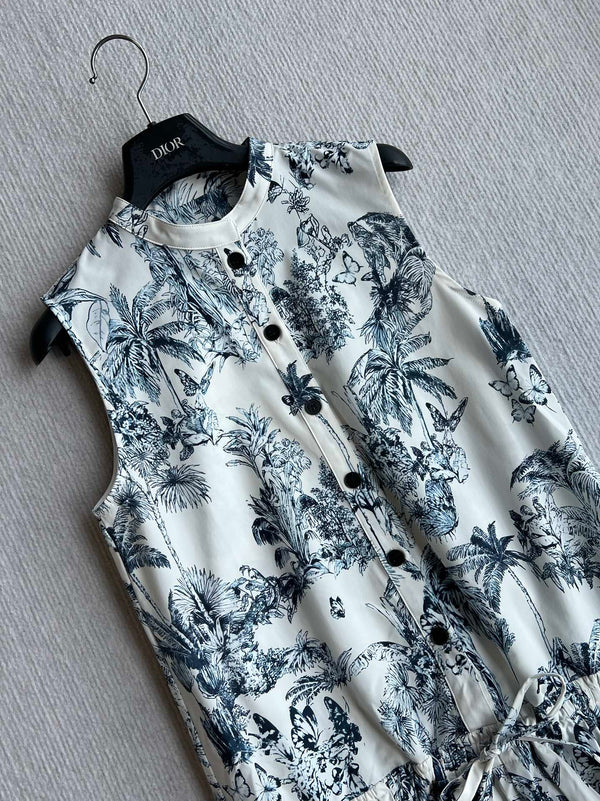 CD 25 Abito senza maniche con cintura e dipinto, bianco, blu, cotone, poliestere