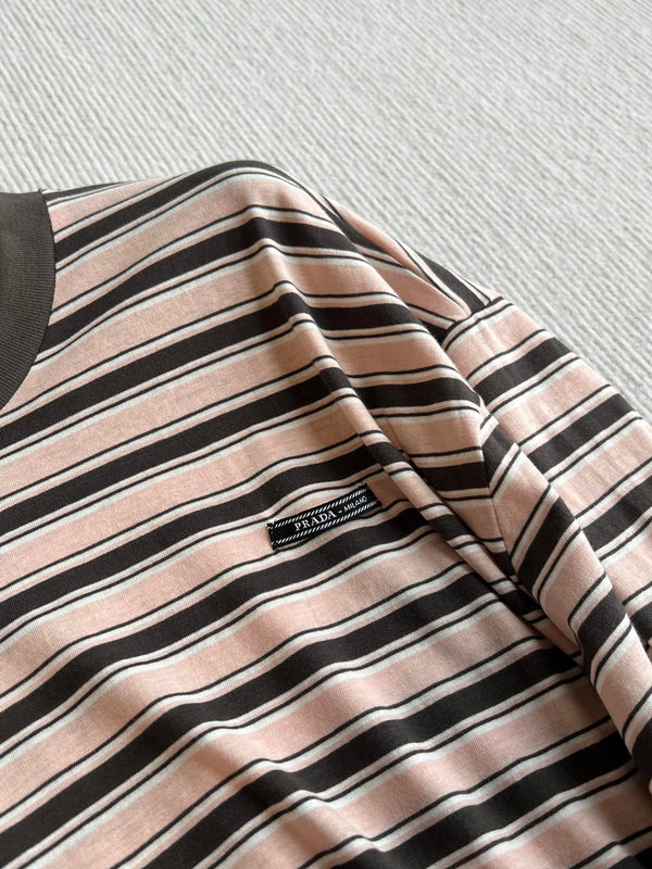 Prada 25 Striped Round Neck T-shirt Beige Brown Cotton