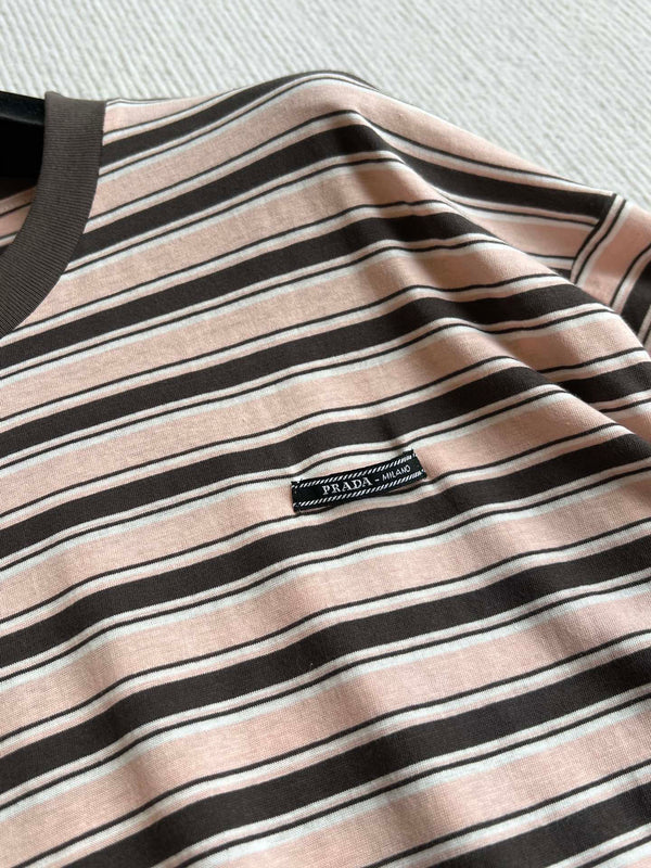 Prada 25 Striped Round Neck T-shirt Beige Brown Cotton