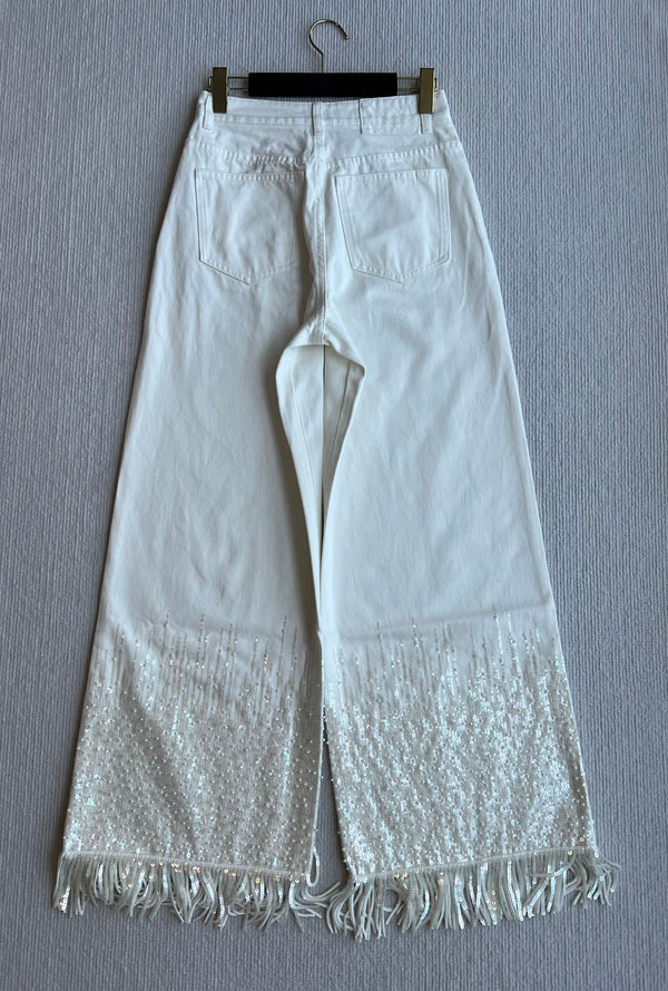 CC 25SS Wide-Leg Pants Beaded Tassel White Denim 277238