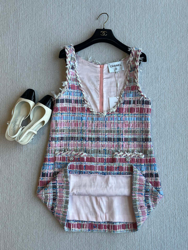 CC 25SS V-neck Vest Dress with Hand-Woven Tassel Ribbons Colorful 277225