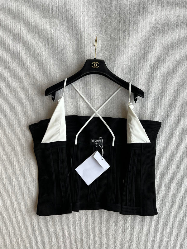CC 25 Splicing Tube Top Camisole Black and White Mixed Fiber Waffle Jacquard Fabric 275554