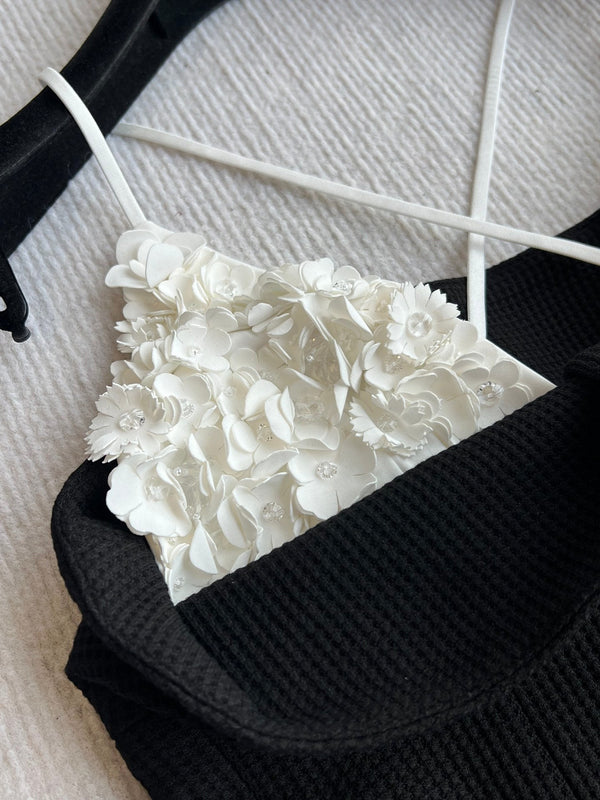 CC 25 Splicing Tube Top Camisole Black and White Mixed Fiber Waffle Jacquard Fabric 275554