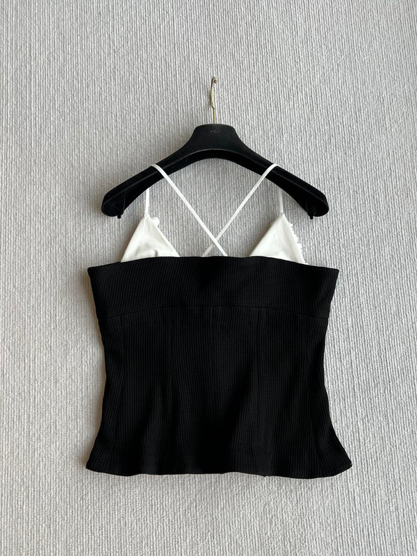 CC 25 Splicing Tube Top Camisole Black and White Mixed Fiber Waffle Jacquard Fabric 275554