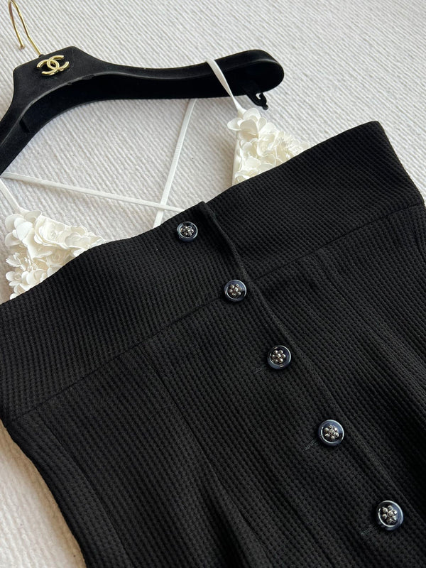 CC 25 Splicing Tube Top Camisole Black and White Mixed Fiber Waffle Jacquard Fabric 275554