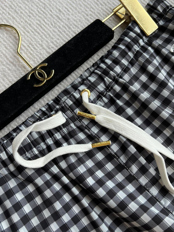 Celine 25 Arc de Triomphe Plaid Casual Pants Black White Polyester
