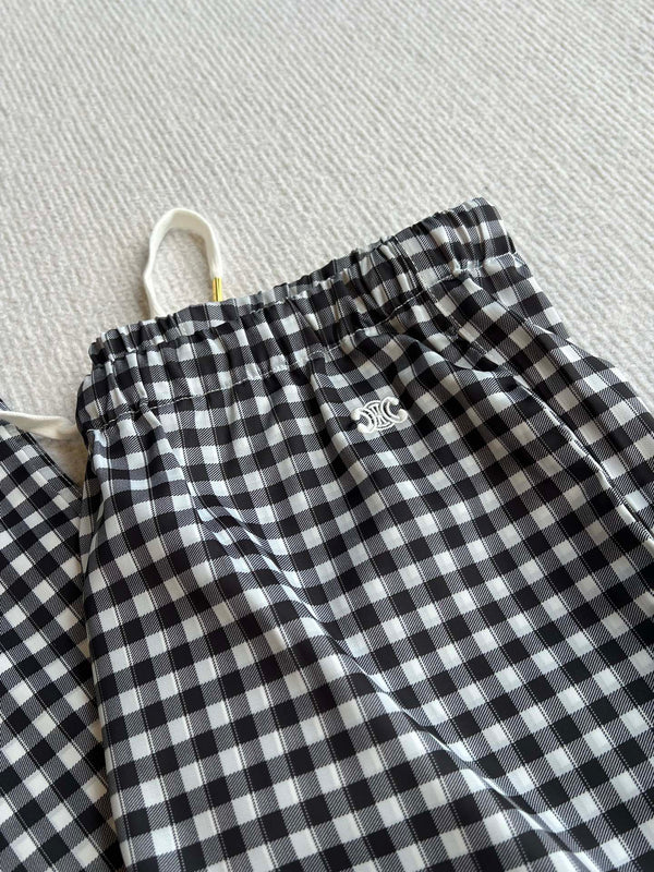 Celine 25 Arc de Triomphe Plaid Casual Pants Black White Polyester