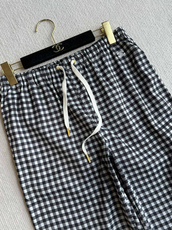 Celine 25 Arc de Triomphe Plaid Casual Pants Black White Polyester