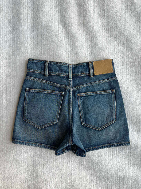 Celine 25 Arc de Triomphe Metal Buckle Denim Shorts Blue Cotton 275804