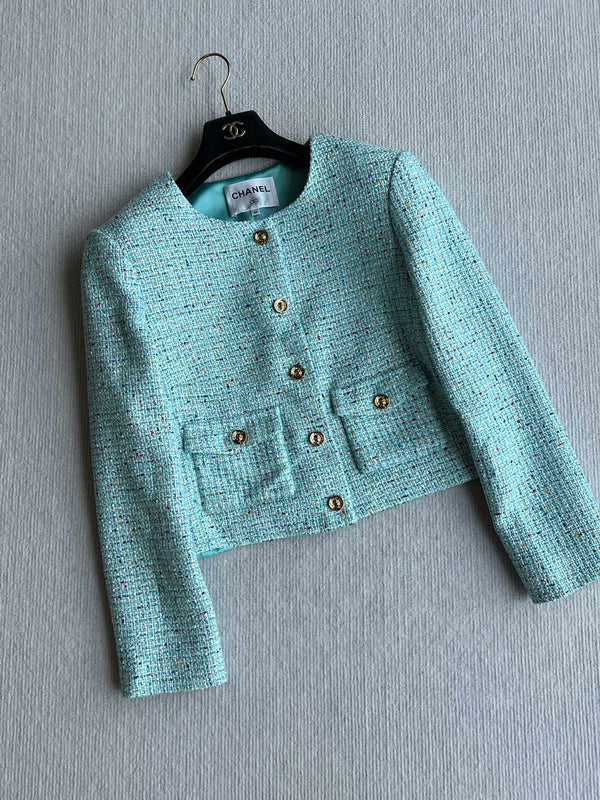 Cappotto slub a collo tondo CC 25 in tweed blu-verde 275793