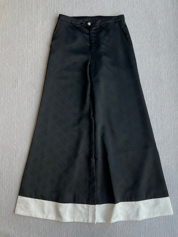 CC 25SS Double C Plaid Wide-Leg Pants In Black and White Silk 277145