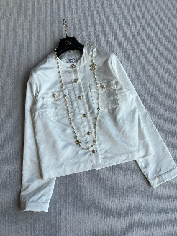 CC 25 Round Neck Jacket White Cotton Silk