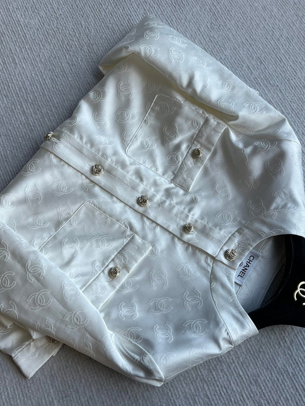 CC 25 Round Neck Jacket White Cotton Silk