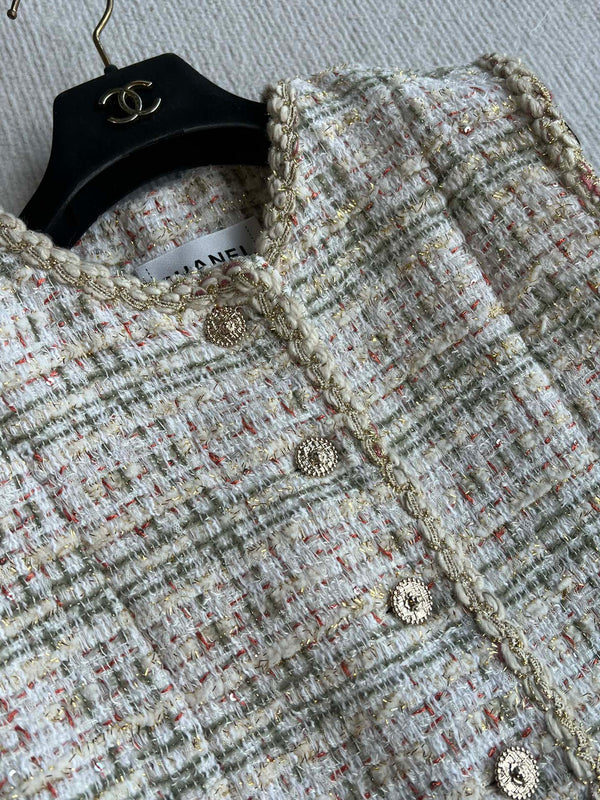 CC 25A Classic Round Collar Vest Jacket In Light Orange Pink Tweed 277181