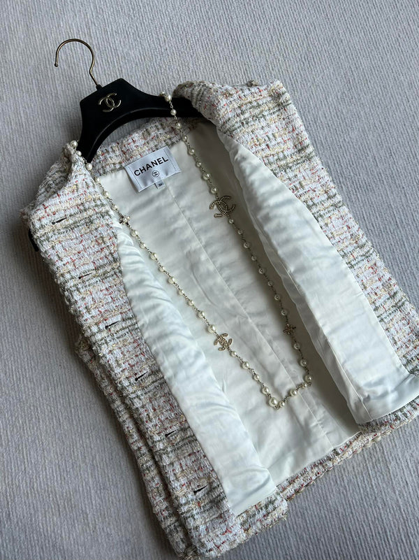 CC 25A Classic Round Collar Vest Jacket In Light Orange Pink Tweed 277181