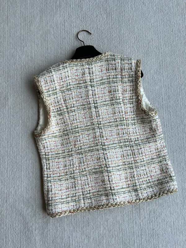 CC 25A Classic Round Collar Vest Jacket In Light Orange Pink Tweed 277181