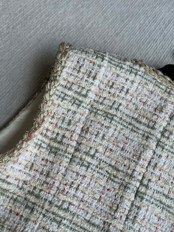 CC 25A Classic Round Collar Vest Jacket In Light Orange Pink Tweed 277181