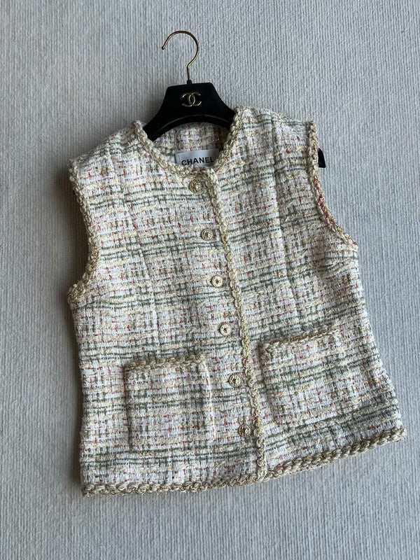 CC 25A Classic Round Collar Vest Jacket In Light Orange Pink Tweed 277181