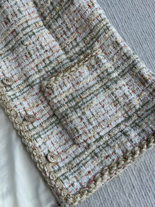 CC 25A Classic Round Collar Vest Jacket In Light Orange Pink Tweed 277181