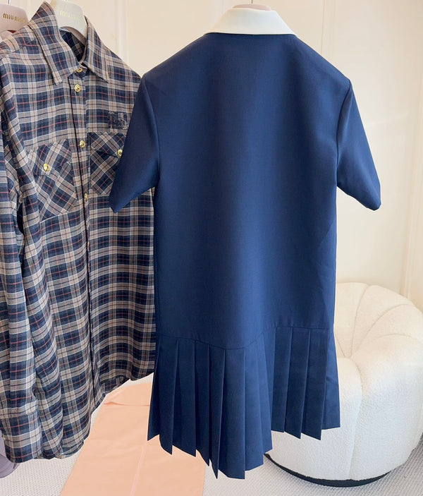 Miumiu 2025 Short-sleeved Pleated Dress Navy Blue Cotton